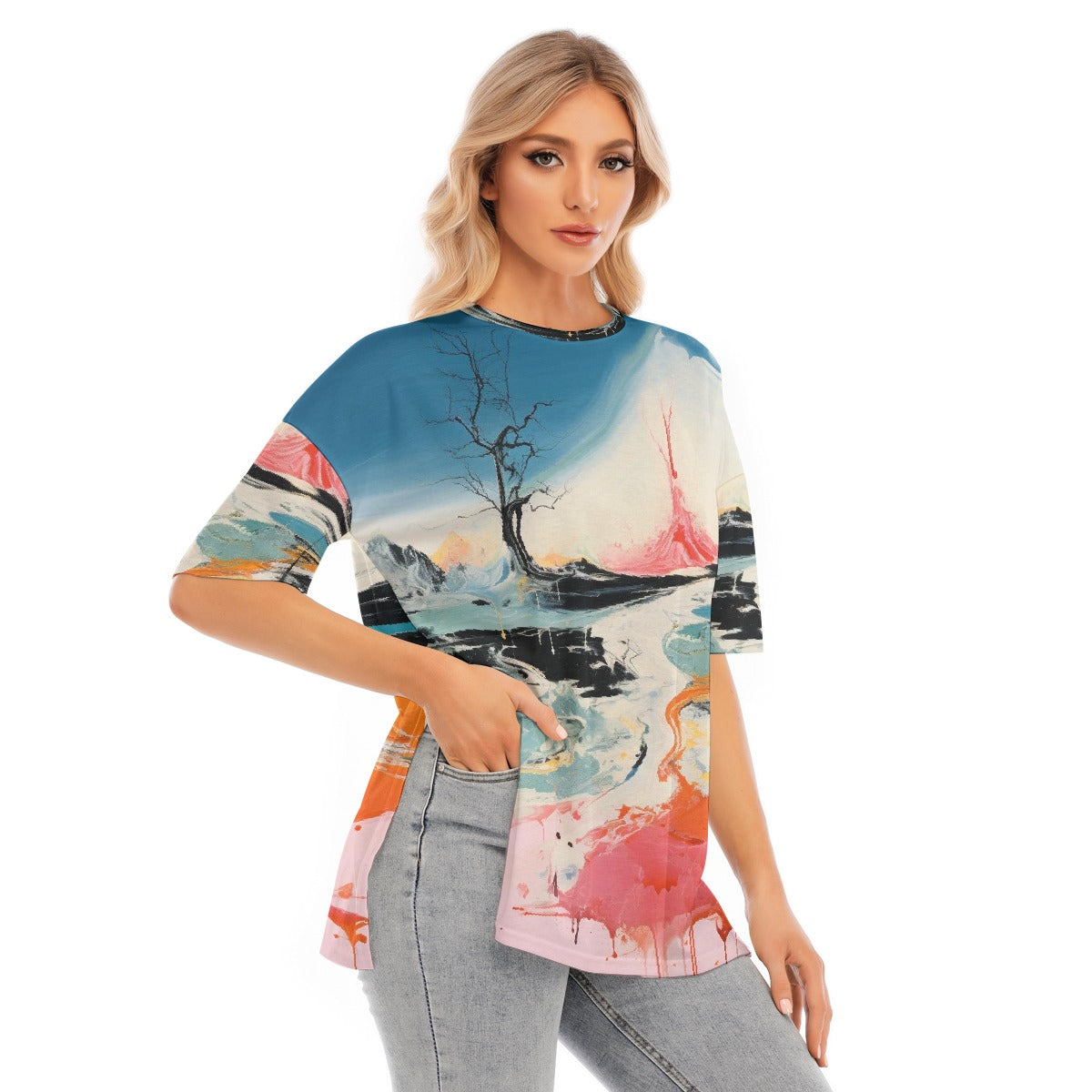 All-Over Print Women's Short Sleeves T-shirt With Hem Split