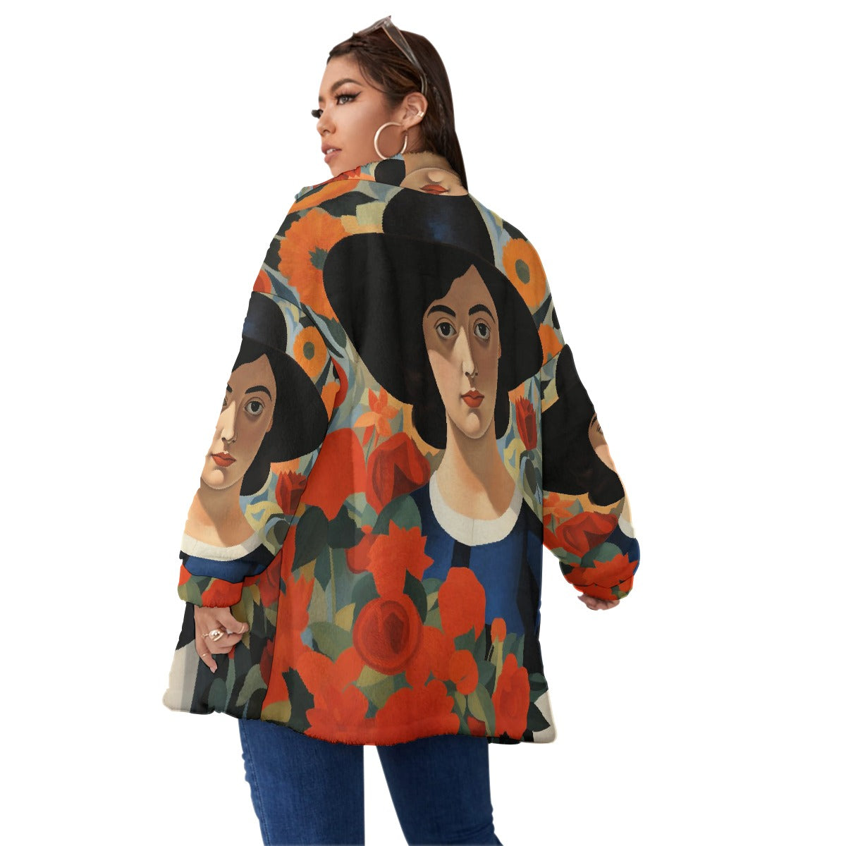All-Over Print Unisex Borg Fleece Stand-up Collar Coat With Zipper Closure(Plus Size)