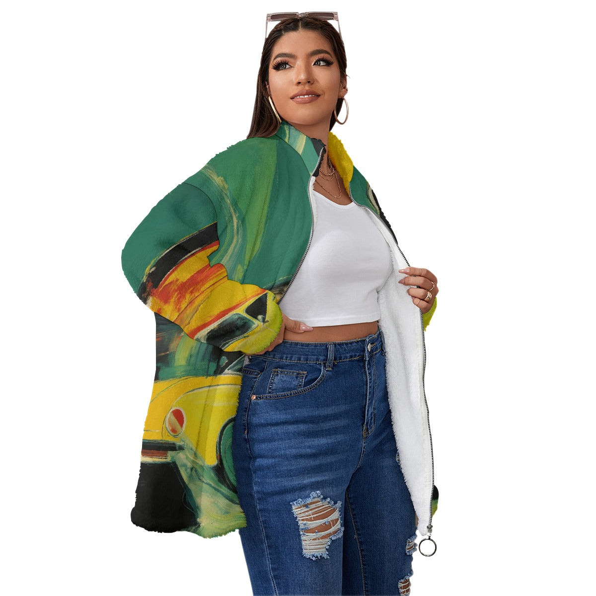 All-Over Print Unisex Borg Fleece Stand-up Collar Coat With Zipper Closure(Plus Size)