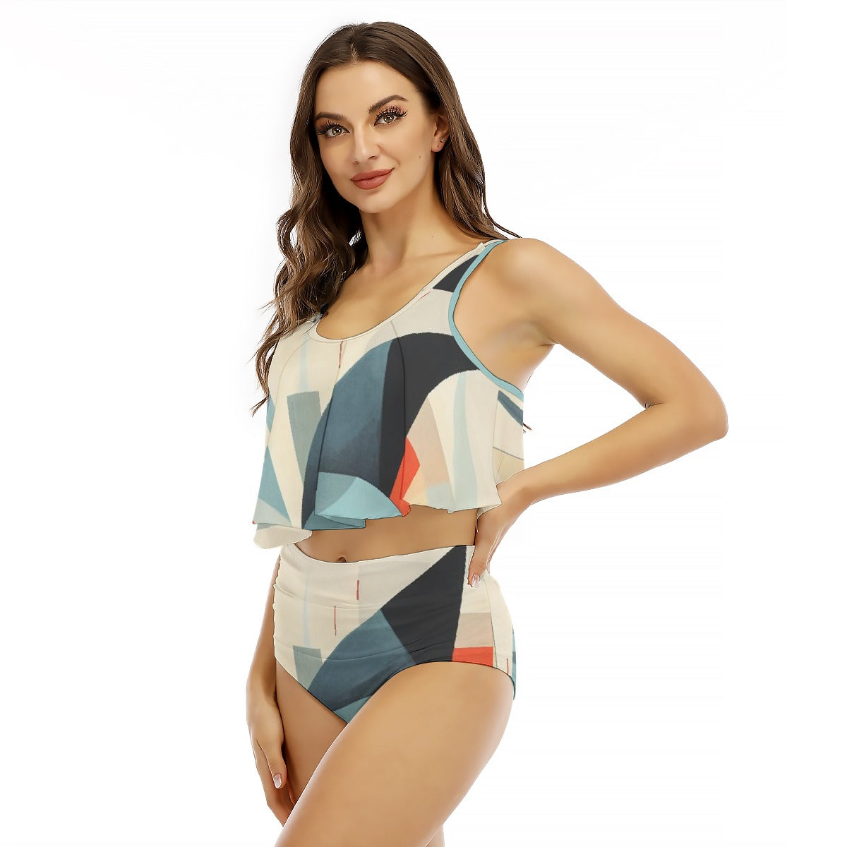 All-Over Print Women's Ruffled Vest Bikini Swimsuit