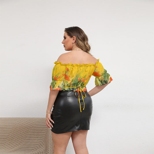 All-Over Print Women's Off-shoulder Cropped Top With Short Puff Sleeve