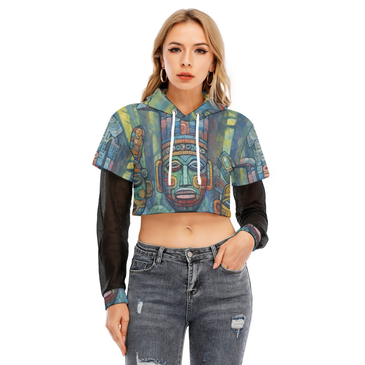 All-Over Print Women's Fake Two-piece Mesh Sleeve Cropped Hoodie