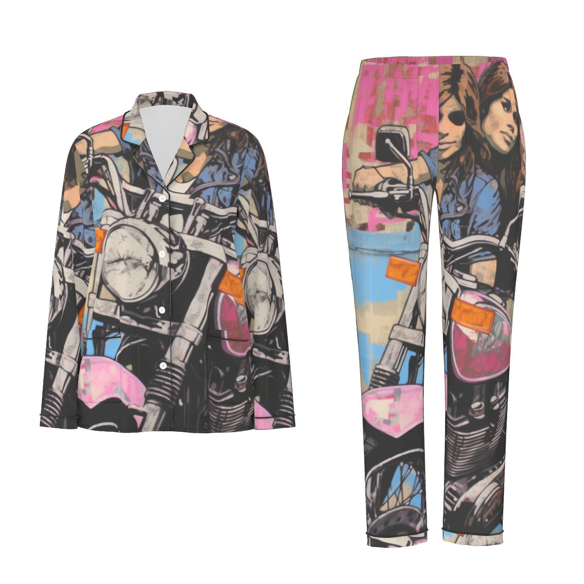 All-Over Print Women's Long Sleeve Pajama Set With Black Contrast Piping
