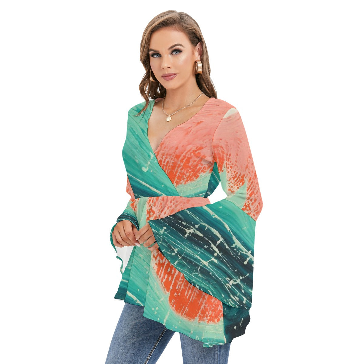 All-Over Print Women's V-neck Blouse With Flared Sleeves
