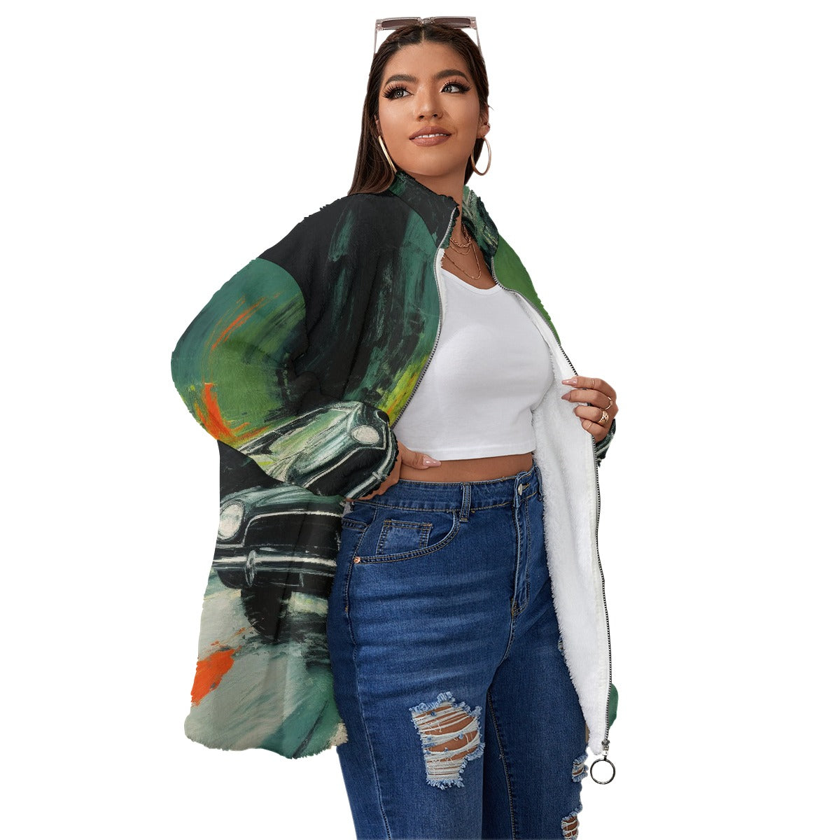 All-Over Print Unisex Borg Fleece Stand-up Collar Coat With Zipper Closure(Plus Size)