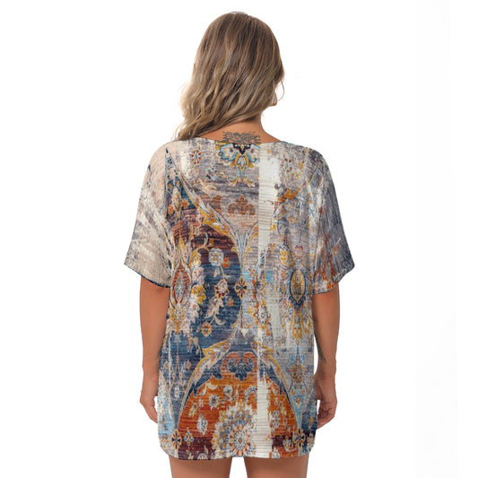 All-Over Print Women's Bat Sleeves V-Neck Blouse