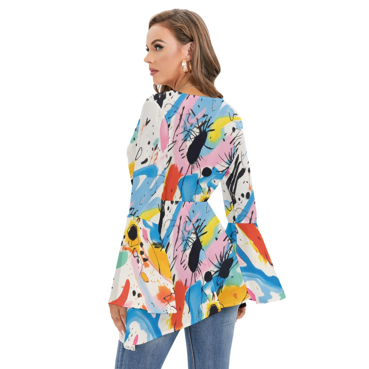 All-Over Print Women's V-neck Blouse With Flared Sleeves