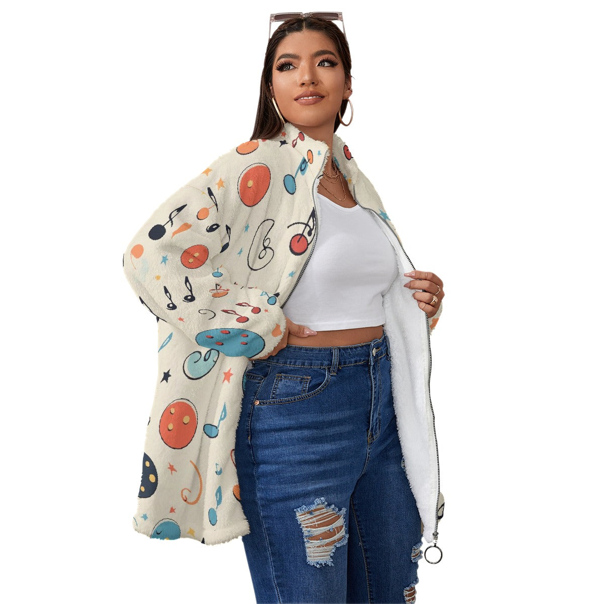 All-Over Print Unisex Borg Fleece Stand-up Collar Coat With Zipper Closure(Plus Size)