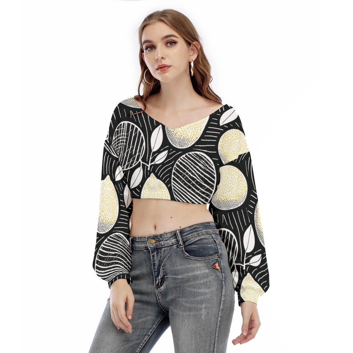 All-Over Print Women's V-neck Long Sleeve Cropped Sweatshirt