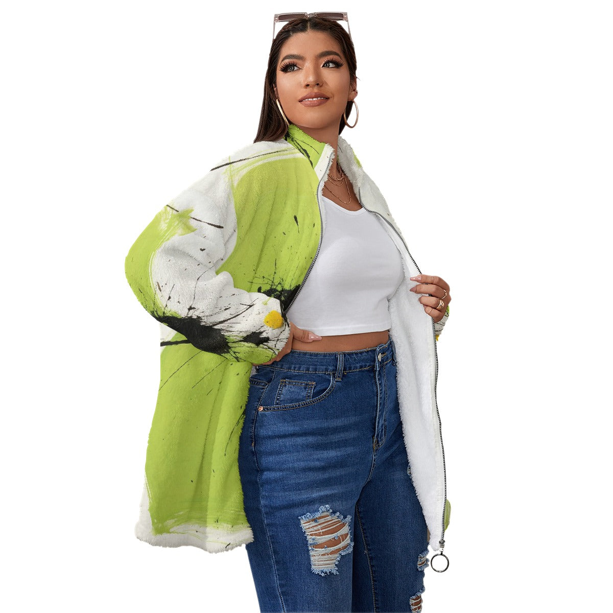 All-Over Print Unisex Borg Fleece Stand-up Collar Coat With Zipper Closure(Plus Size)