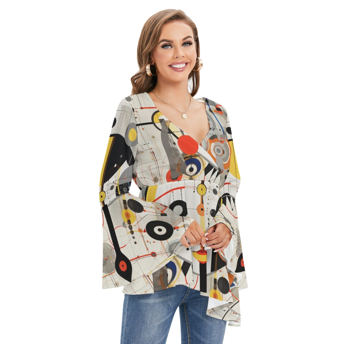 All-Over Print Women's V-neck Blouse With Flared Sleeves