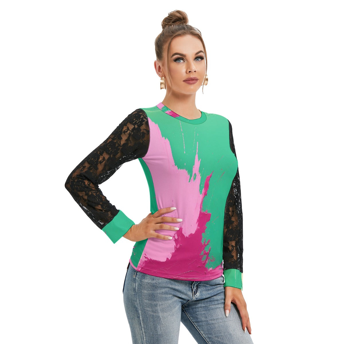 All-Over Print Women's T-shirt And Sleeve With Black Lace