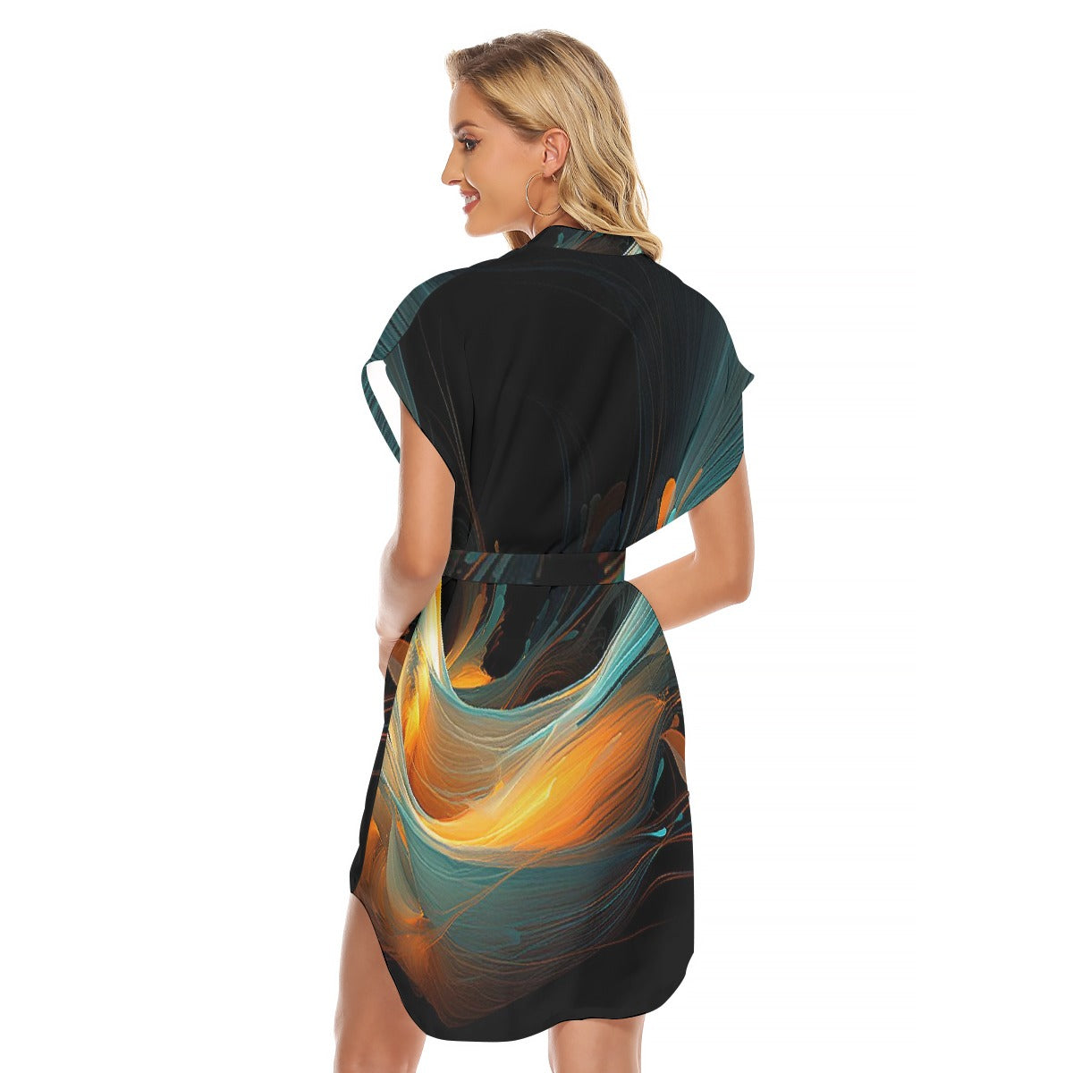 All-Over Print Women's Stand-up Collar Casual Dress With Belt