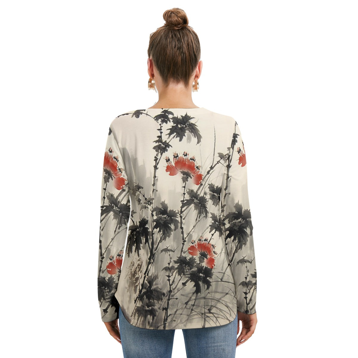 All-Over Print Women's Long Sleeve Neckline Tie Sweatshirt
