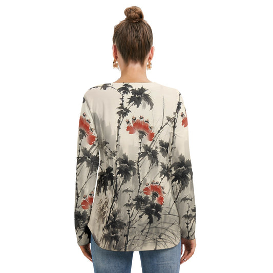 All-Over Print Women's Long Sleeve Neckline Tie Sweatshirt