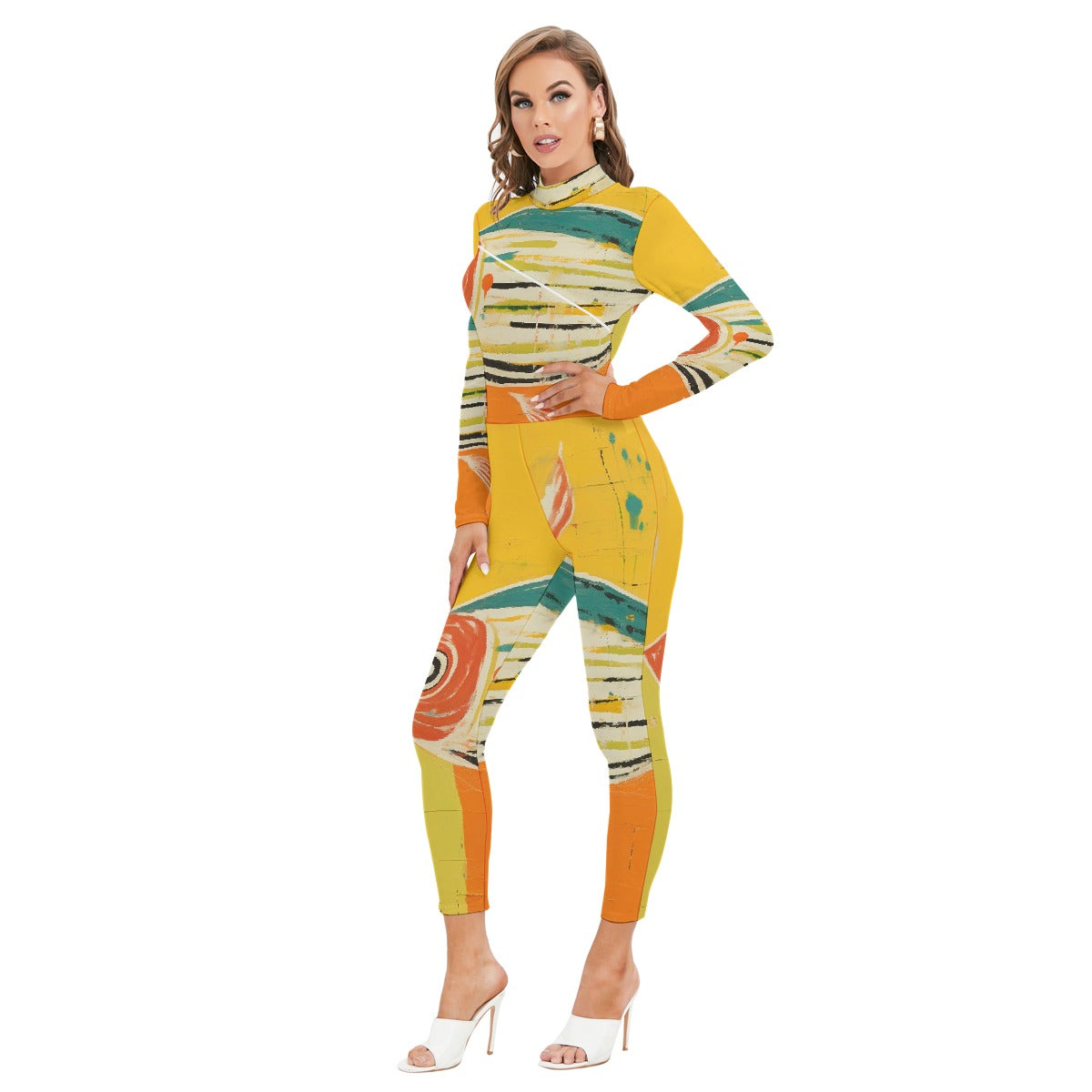 All-Over Print Women's Long-sleeved High-neck Jumpsuit With Zipper