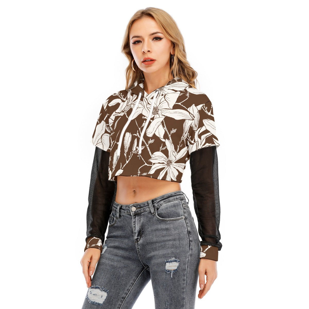 All-Over Print Women's Fake Two-piece Mesh Sleeve Cropped Hoodie