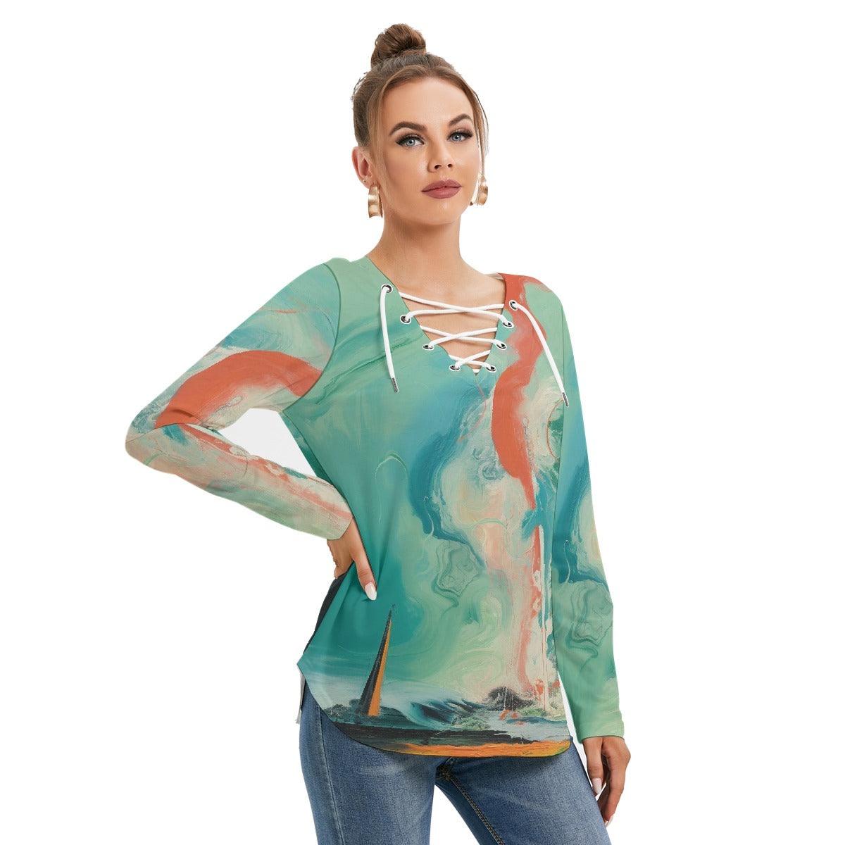 All-Over Print Women's Long Sleeve Neckline Tie Sweatshirt