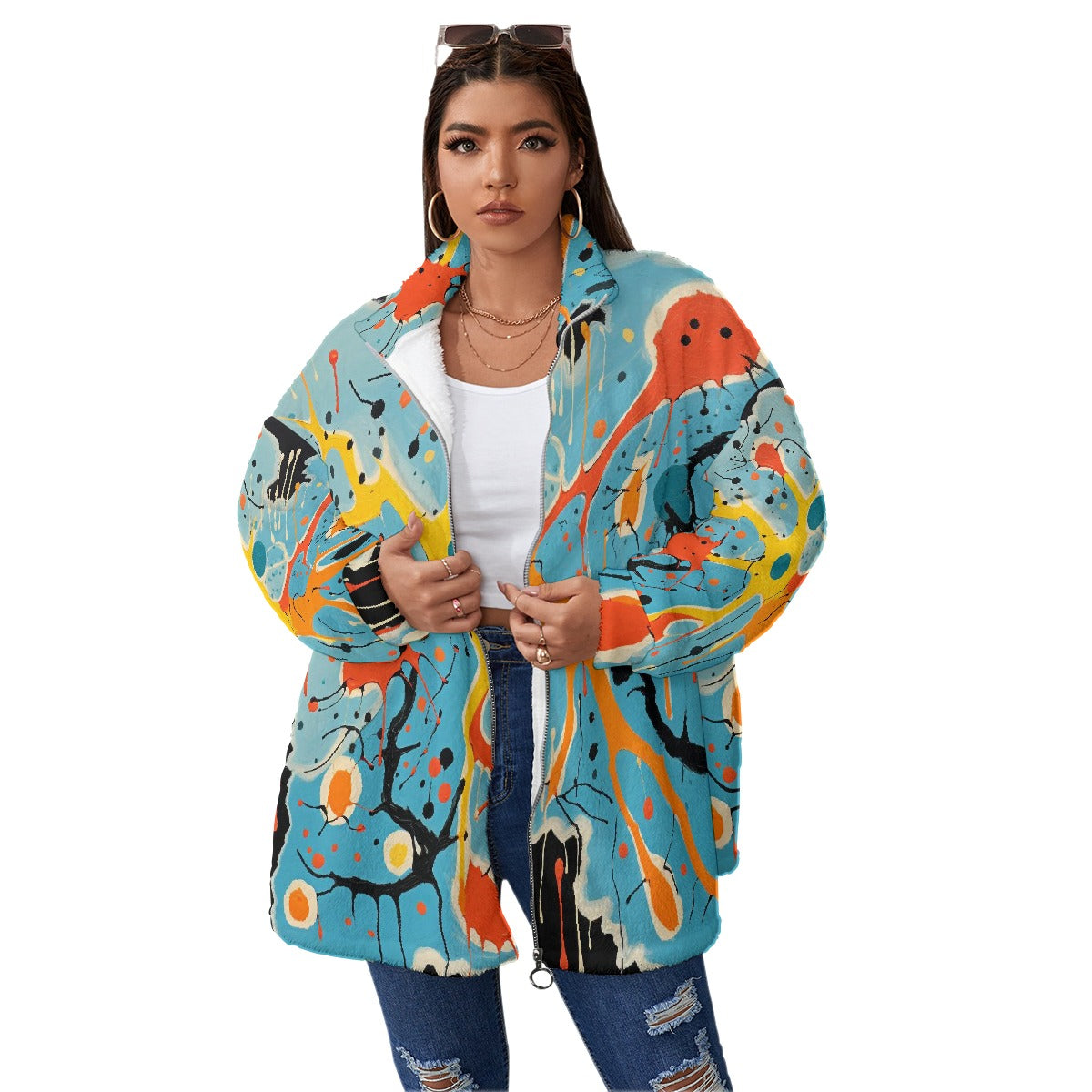 All-Over Print Unisex Borg Fleece Stand-up Collar Coat With Zipper Closure(Plus Size)
