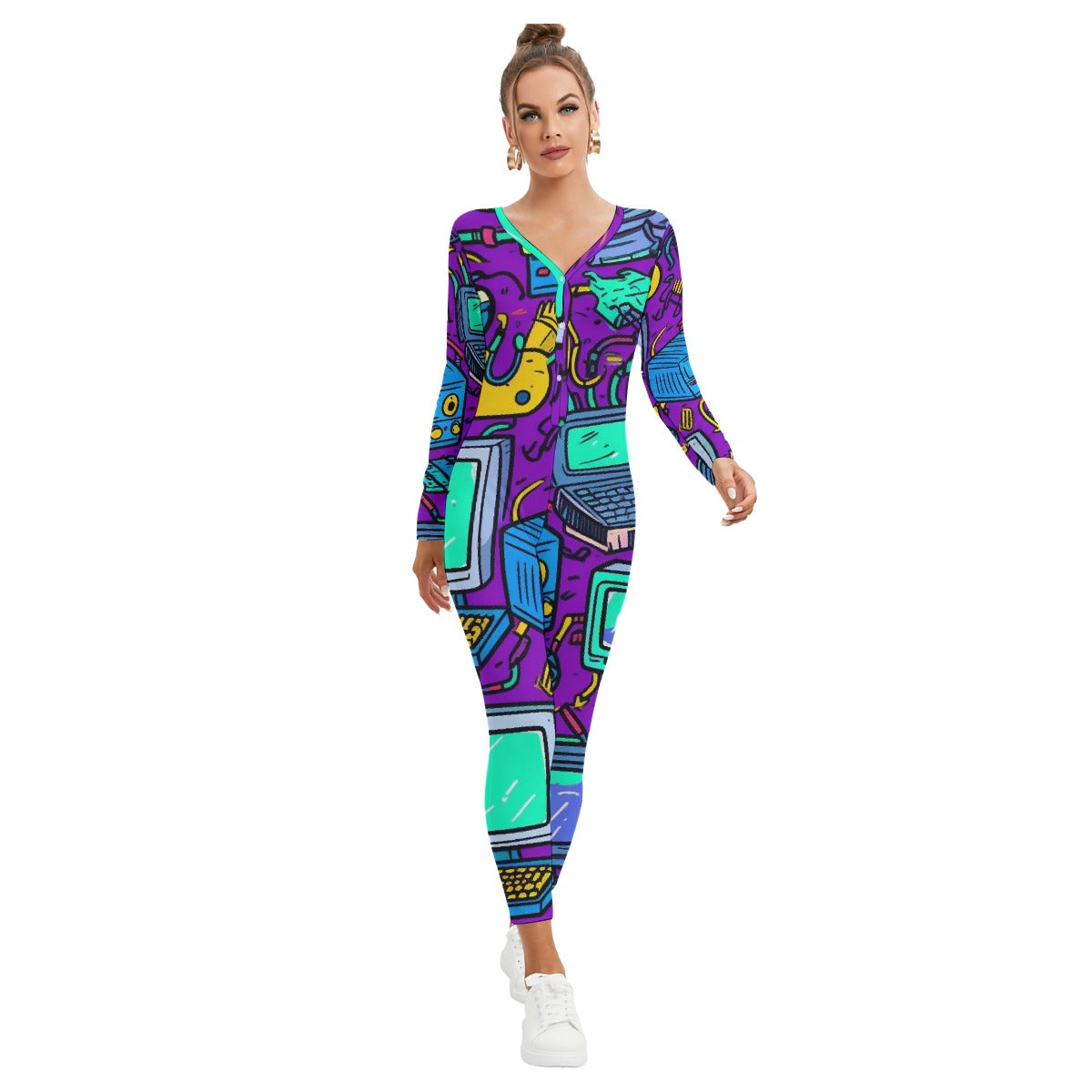 All-Over Print Women's Plunging Neck Jumpsuit
