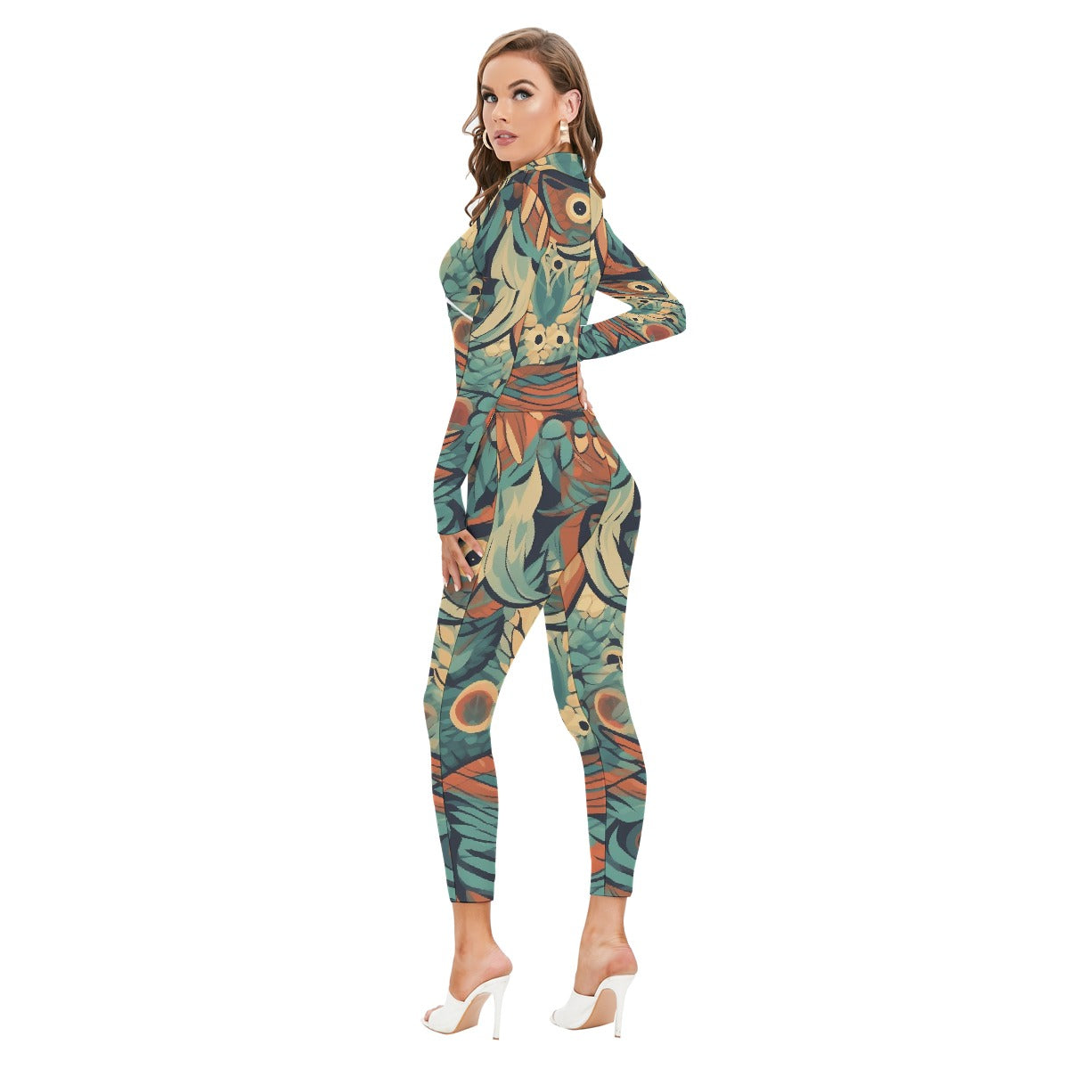All-Over Print Women's Long-sleeved High-neck Jumpsuit With Zipper