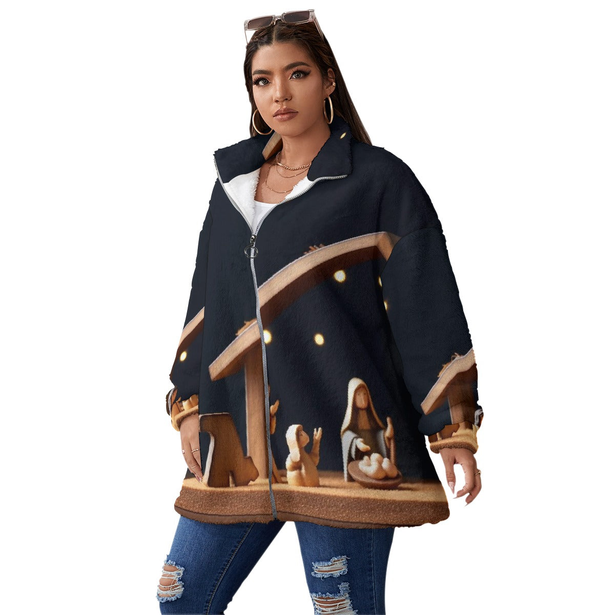 All-Over Print Unisex Borg Fleece Stand-up Collar Coat With Zipper Closure(Plus Size)