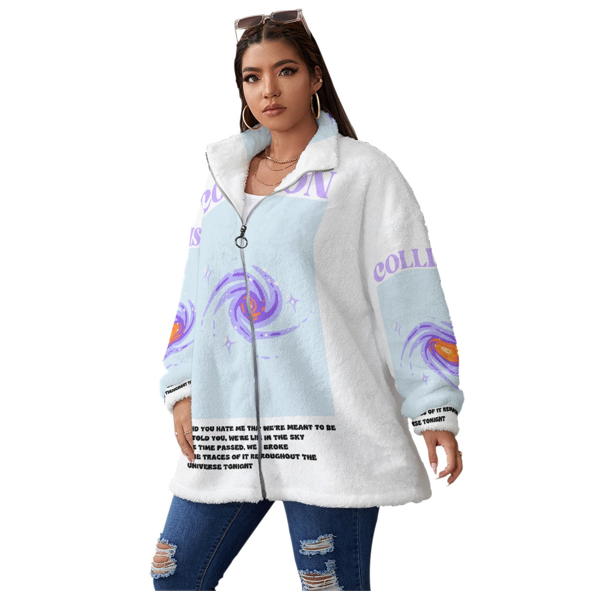 All-Over Print Unisex Borg Fleece Stand-up Collar Coat With Zipper Closure(Plus Size)