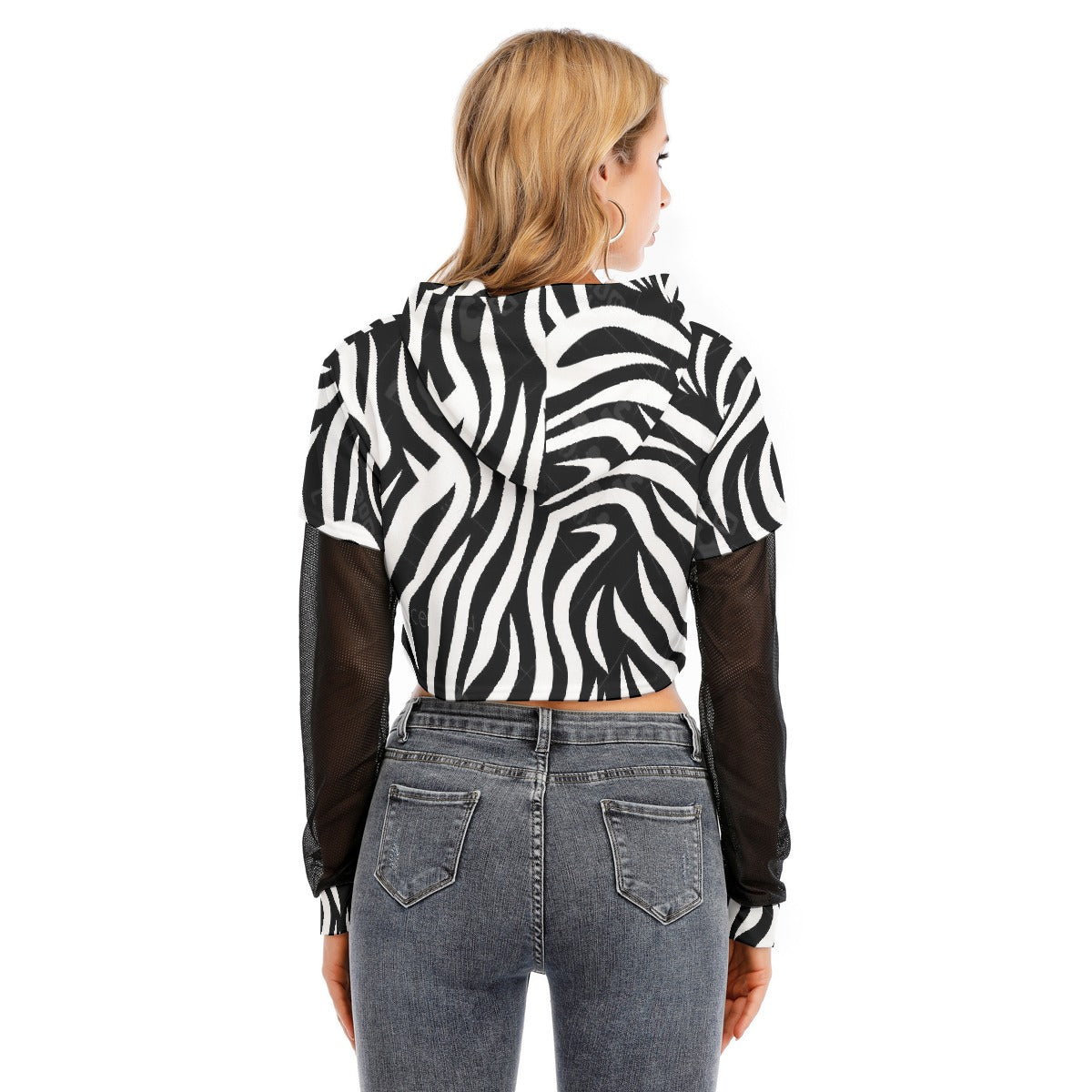 All-Over Print Women's Fake Two-piece Mesh Sleeve Cropped Hoodie