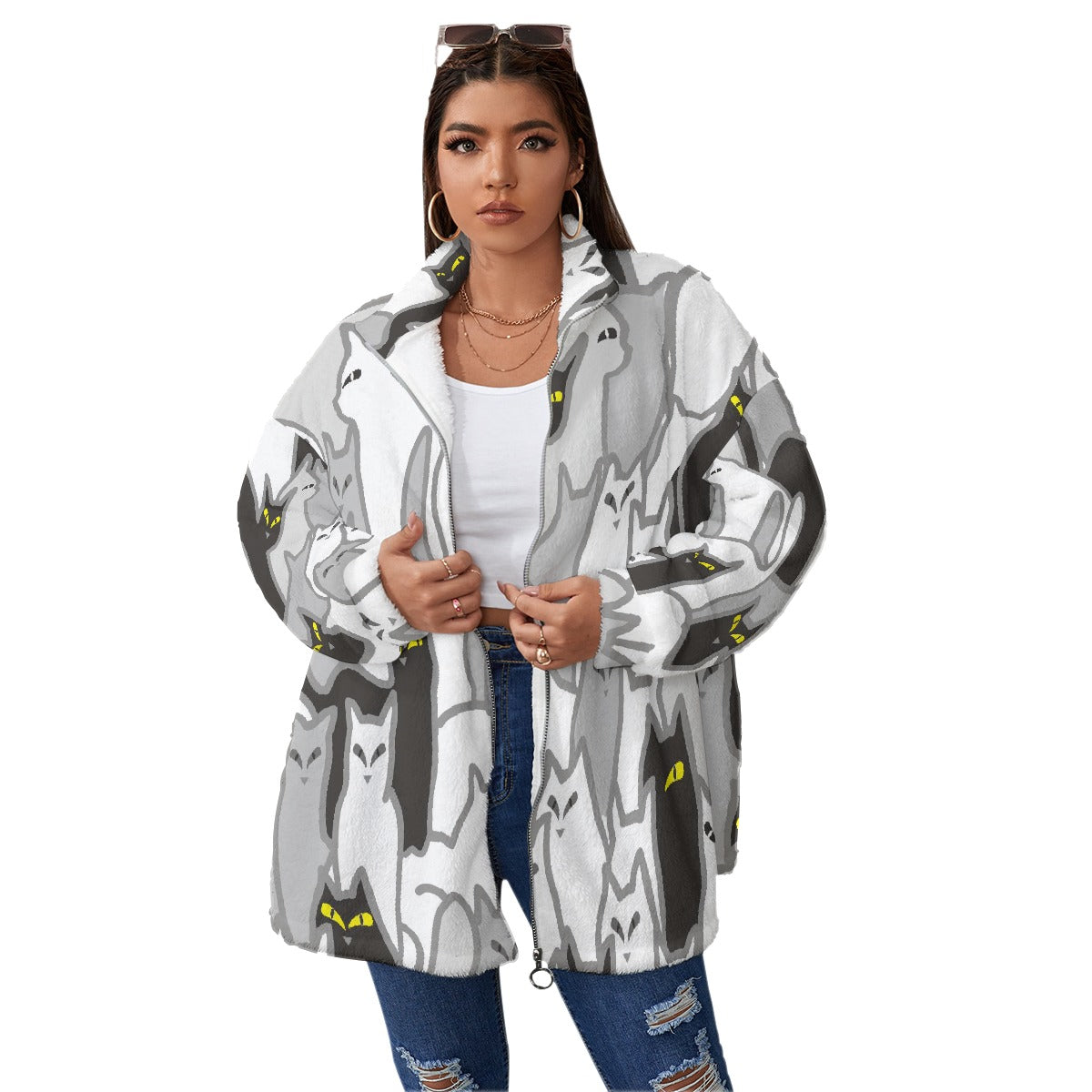 All-Over Print Unisex Borg Fleece Stand-up Collar Coat With Zipper Closure(Plus Size)