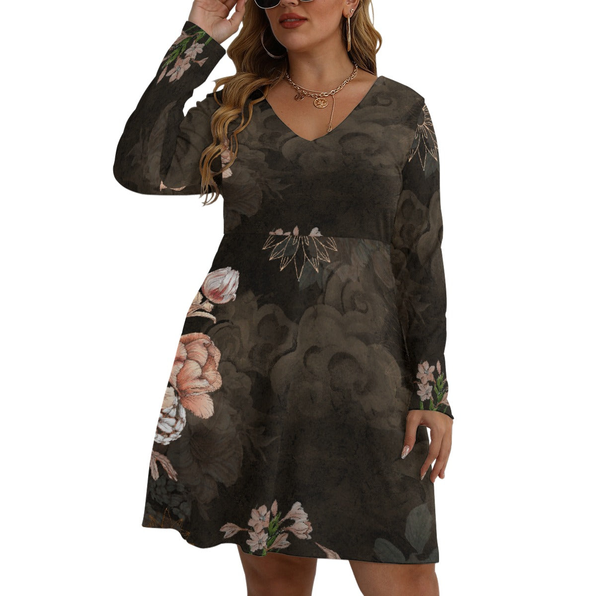 All-Over Print Women's V-neck Long Sleeve Dress(Plus Size)