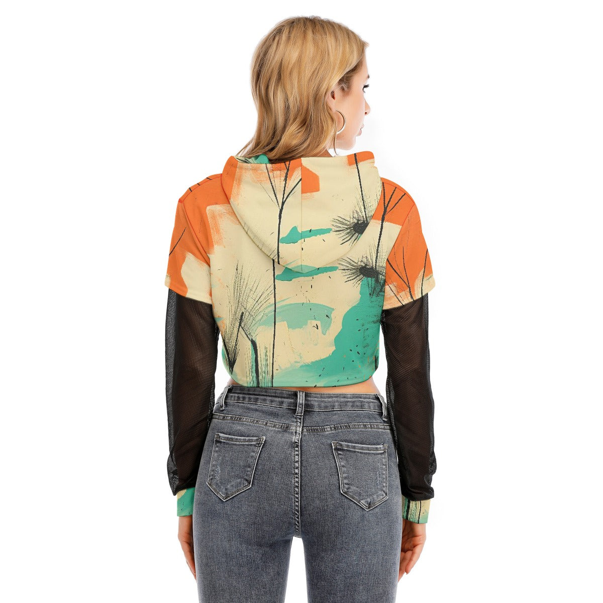 All-Over Print Women's Fake Two-piece Mesh Sleeve Cropped Hoodie