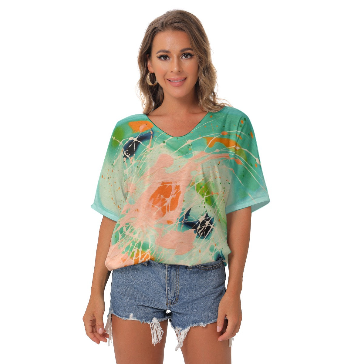 All-Over Print Women's Bat Sleeves V-Neck Blouse