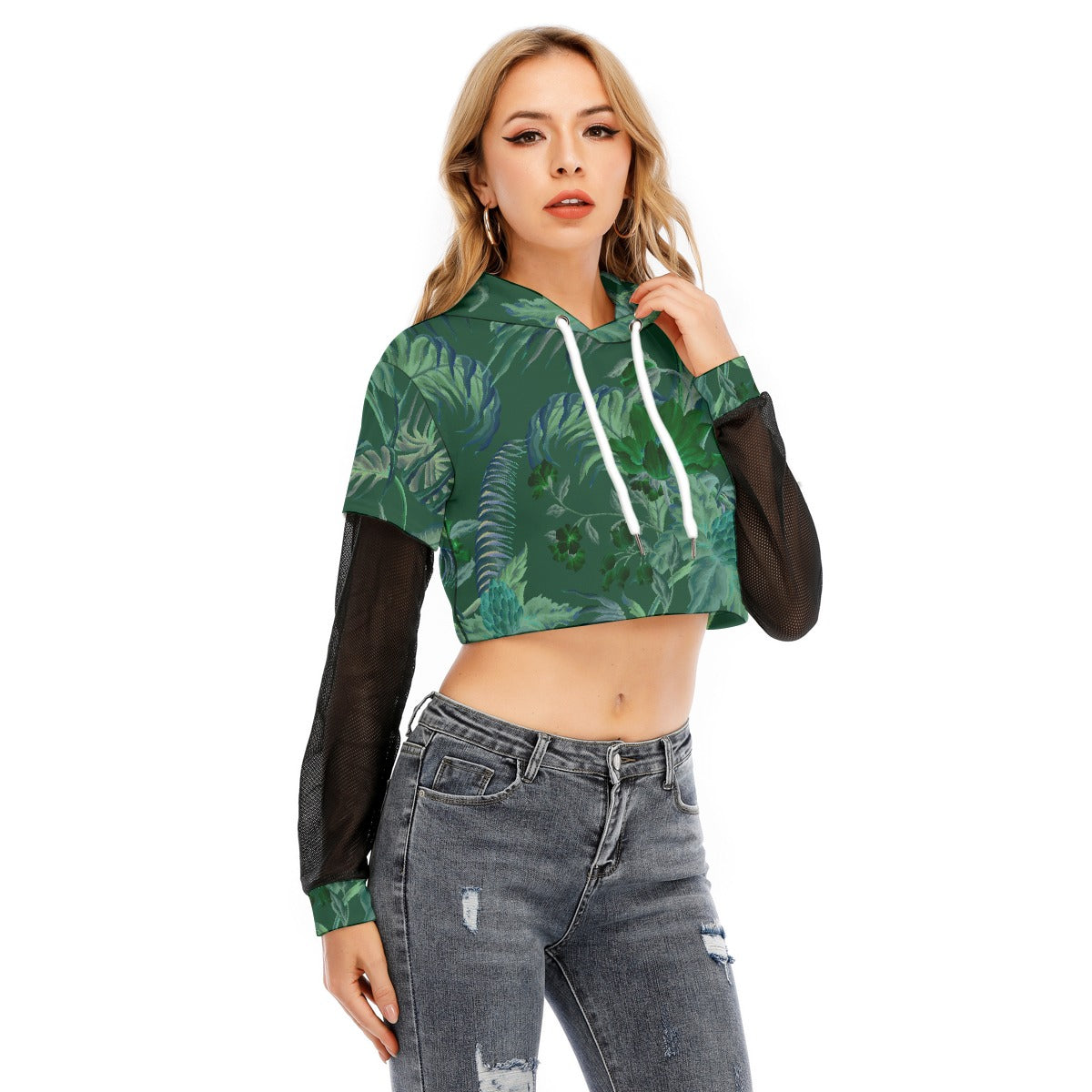 All-Over Print Women's Fake Two-piece Mesh Sleeve Cropped Hoodie