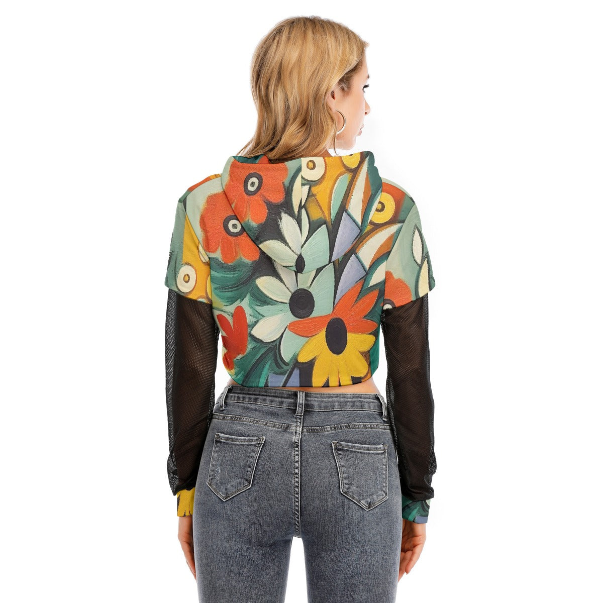 All-Over Print Women's Fake Two-piece Mesh Sleeve Cropped Hoodie