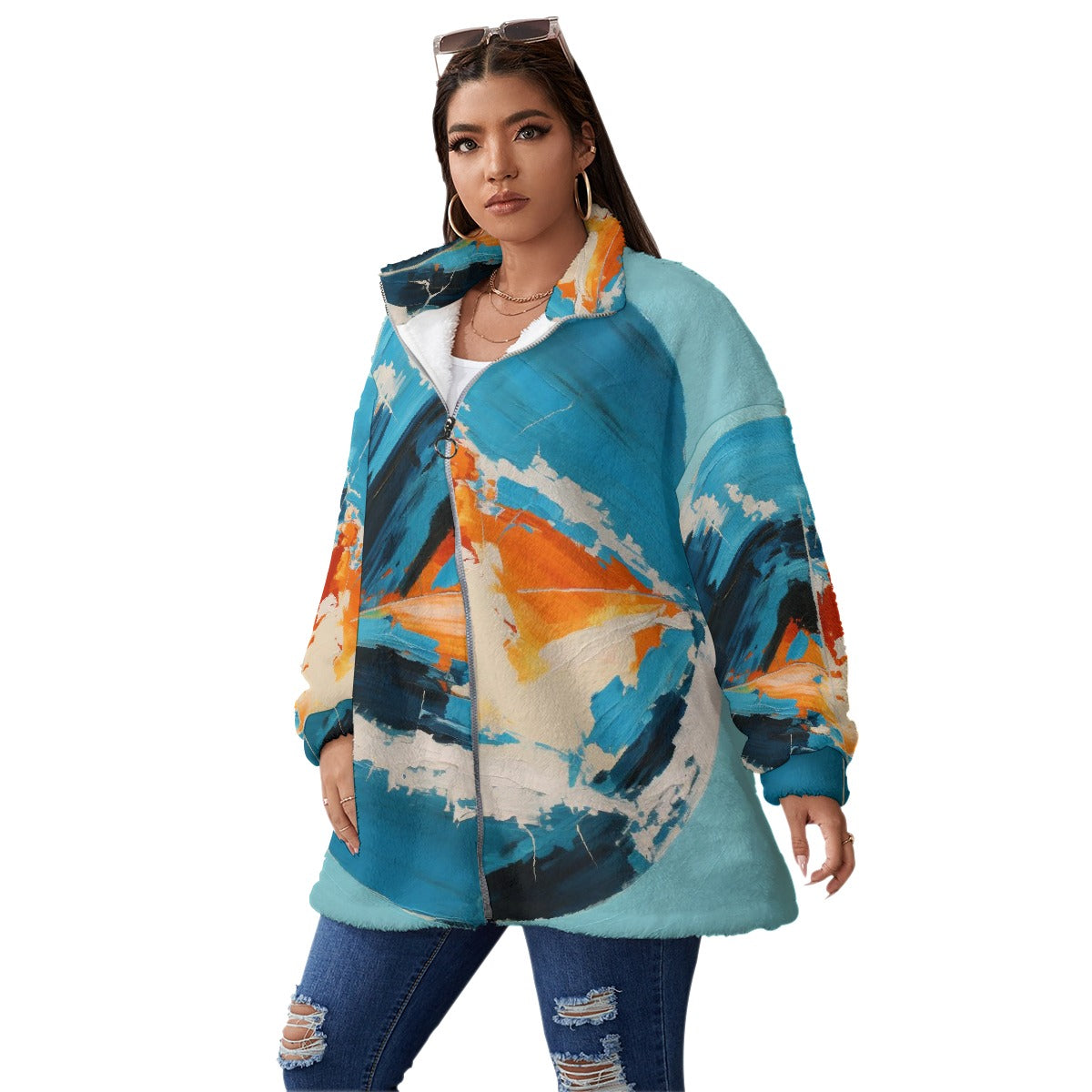 All-Over Print Unisex Borg Fleece Stand-up Collar Coat With Zipper Closure(Plus Size)