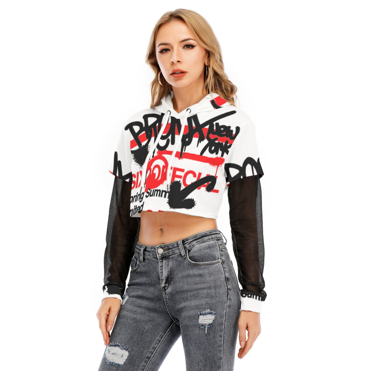 All-Over Print Women's Fake Two-piece Mesh Sleeve Cropped Hoodie