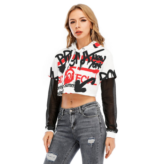 All-Over Print Women's Fake Two-piece Mesh Sleeve Cropped Hoodie