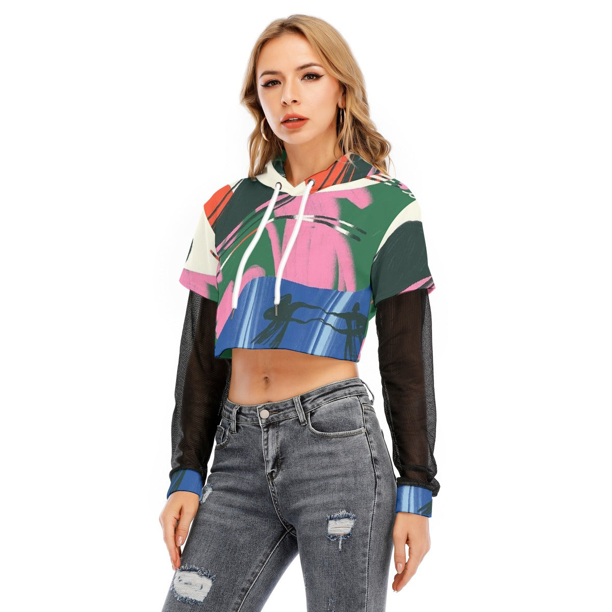 All-Over Print Women's Fake Two-piece Mesh Sleeve Cropped Hoodie