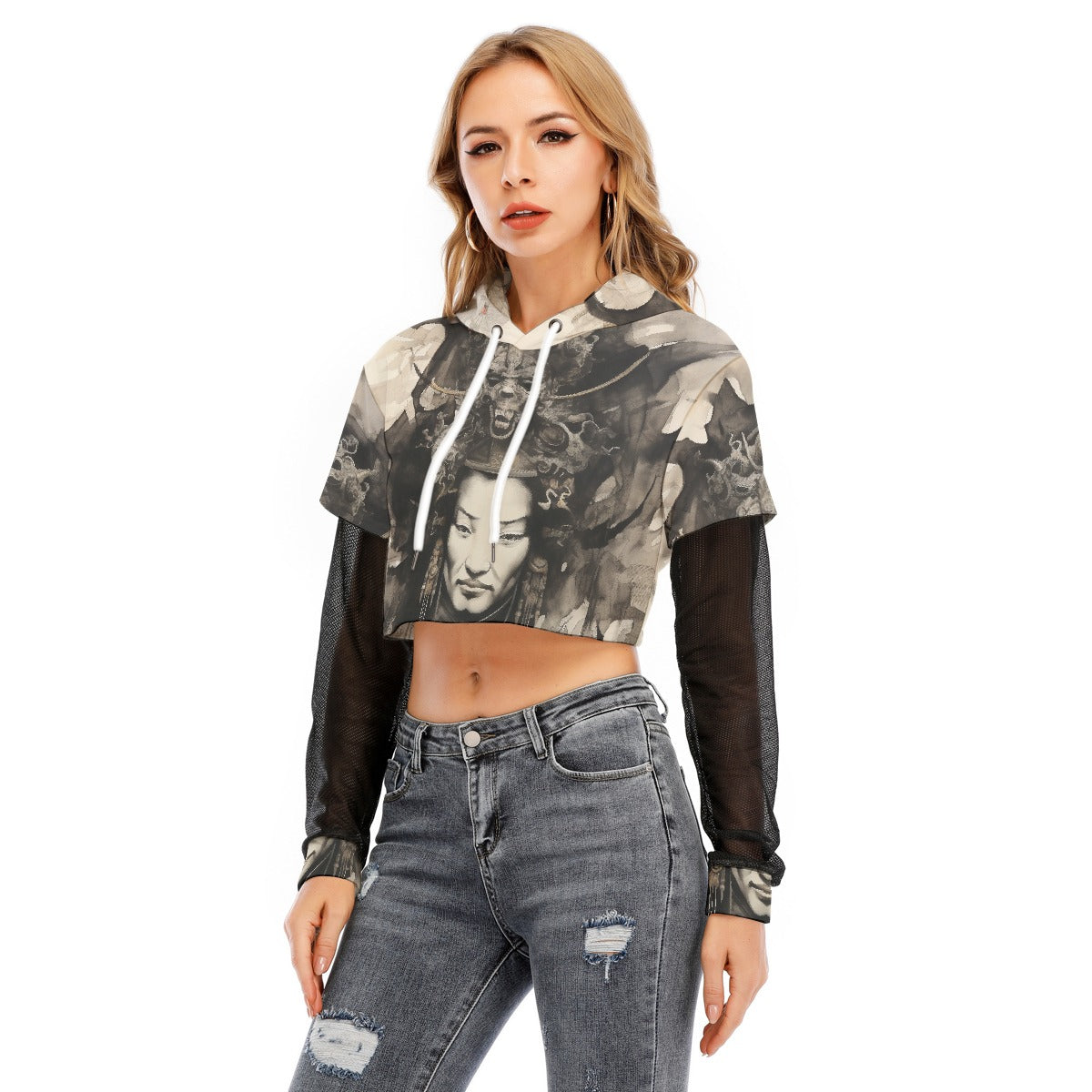 All-Over Print Women's Fake Two-piece Mesh Sleeve Cropped Hoodie