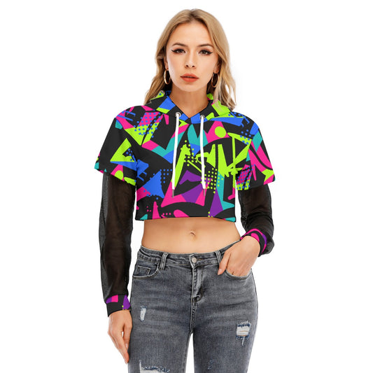 All-Over Print Women's Fake Two-piece Mesh Sleeve Cropped Hoodie