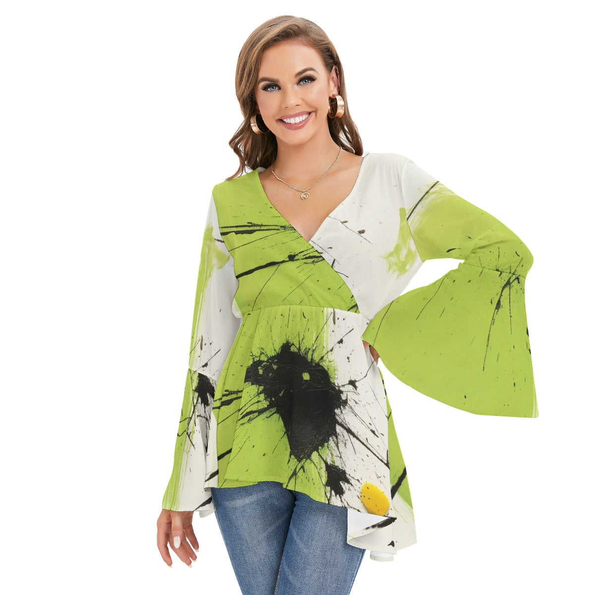 All-Over Print Women's V-neck Blouse With Flared Sleeves