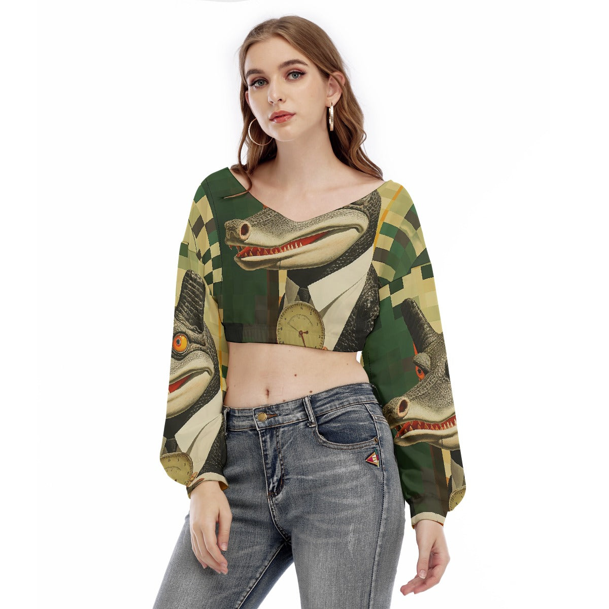 All-Over Print Women's V-neck Long Sleeve Cropped Sweatshirt
