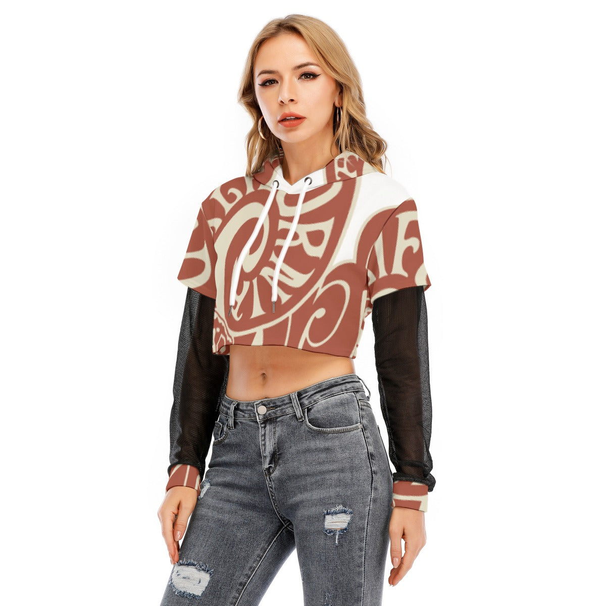 All-Over Print Women's Fake Two-piece Mesh Sleeve Cropped Hoodie