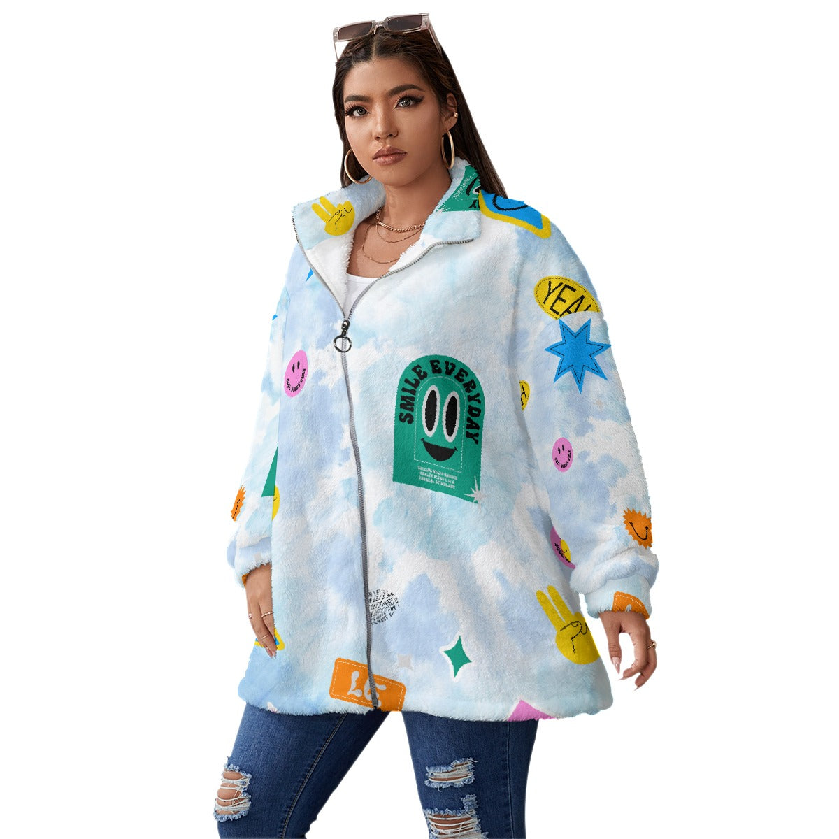 All-Over Print Unisex Borg Fleece Stand-up Collar Coat With Zipper Closure(Plus Size)