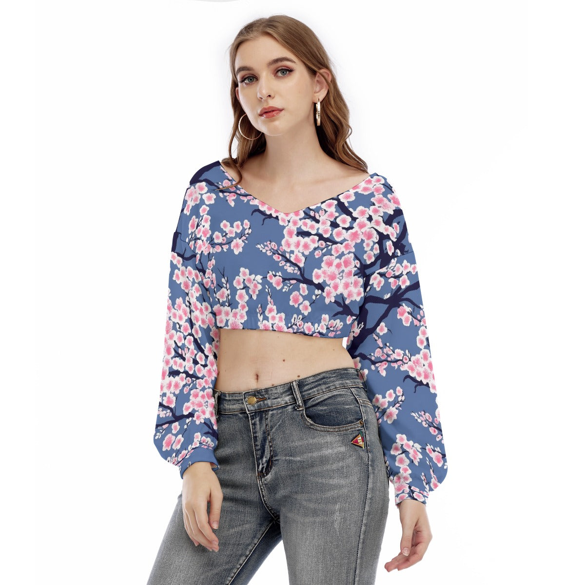 All-Over Print Women's V-neck Long Sleeve Cropped Sweatshirt