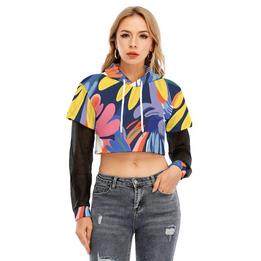 All-Over Print Women's Fake Two-piece Mesh Sleeve Cropped Hoodie
