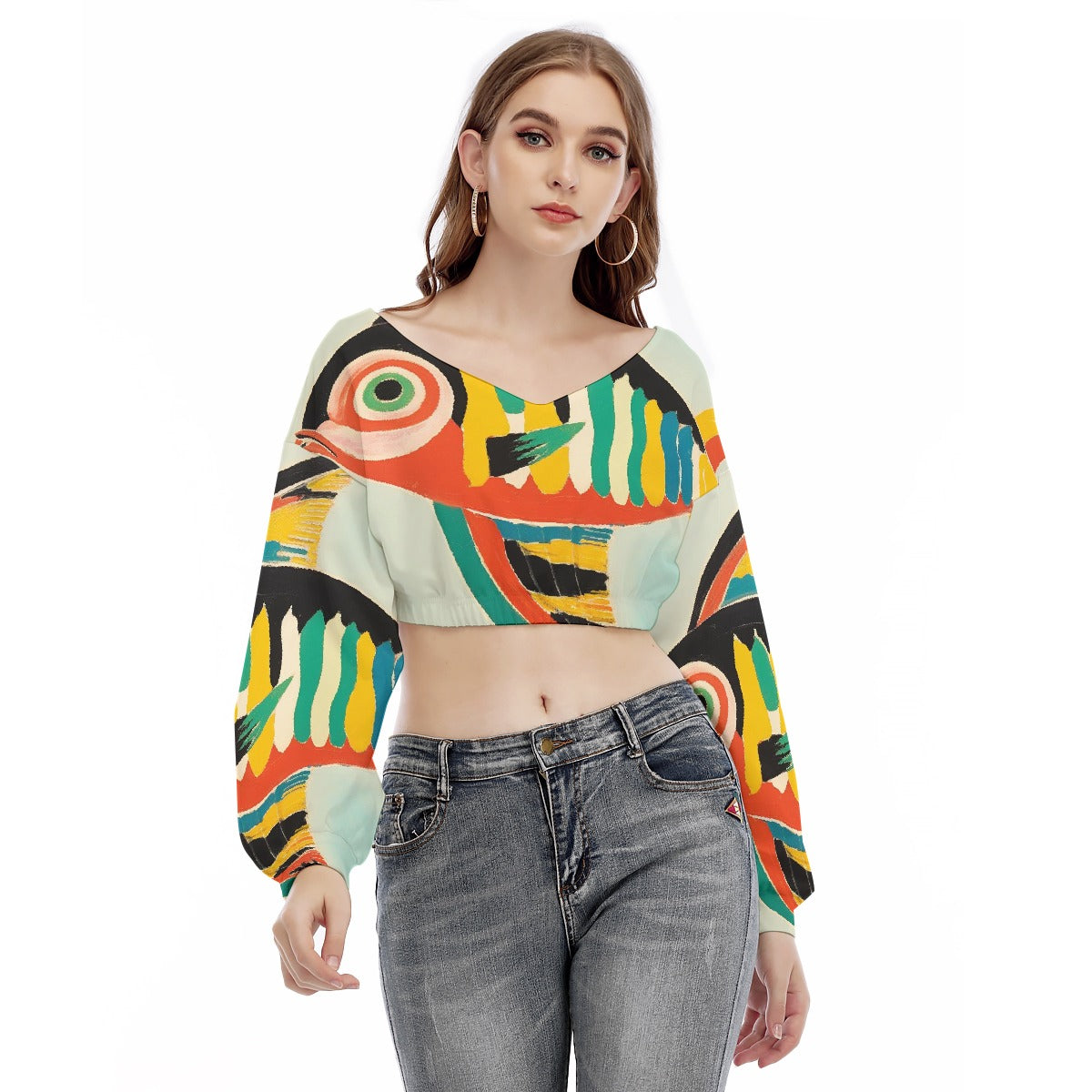 All-Over Print Women's V-neck Long Sleeve Cropped Sweatshirt