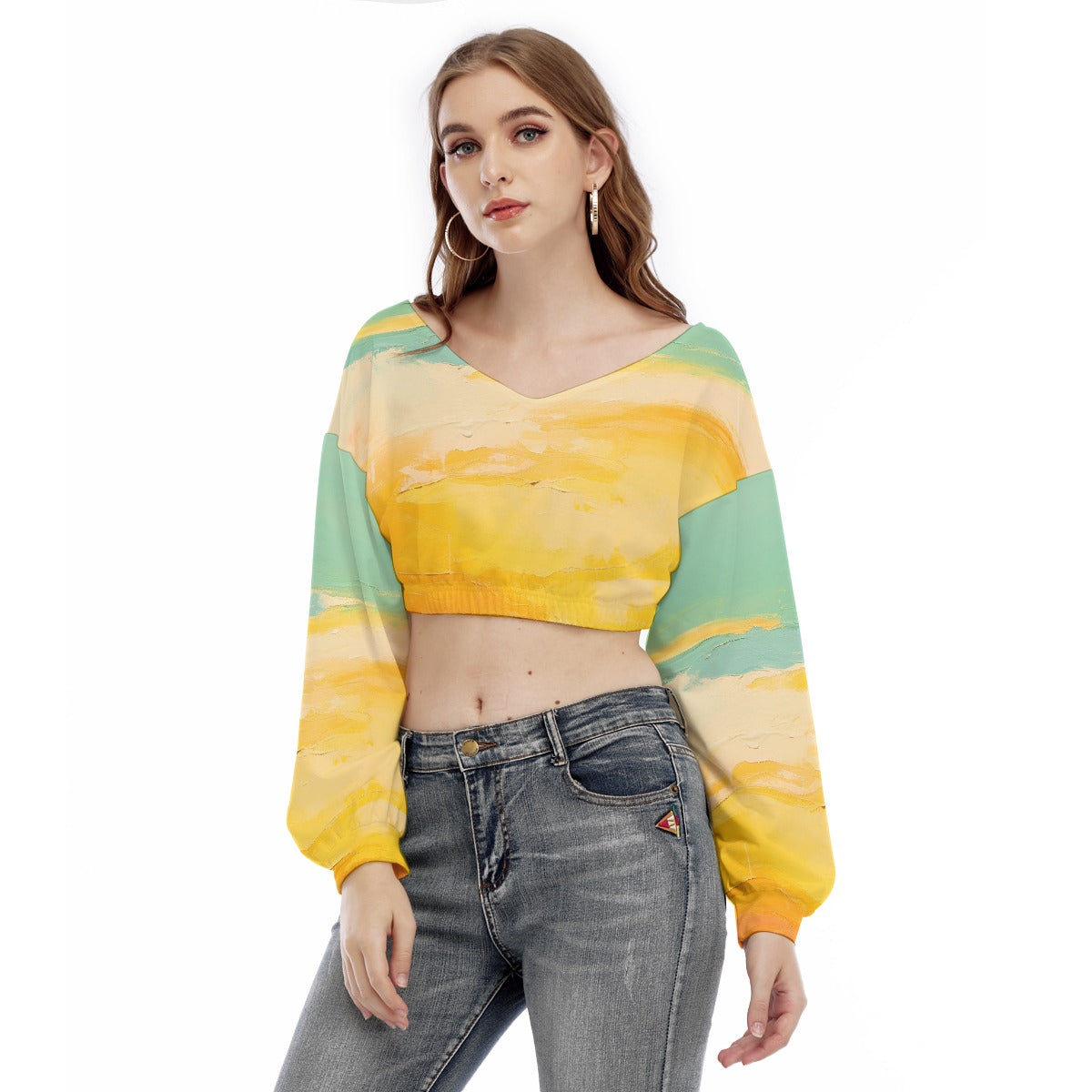 All-Over Print Women's V-neck Long Sleeve Cropped Sweatshirt