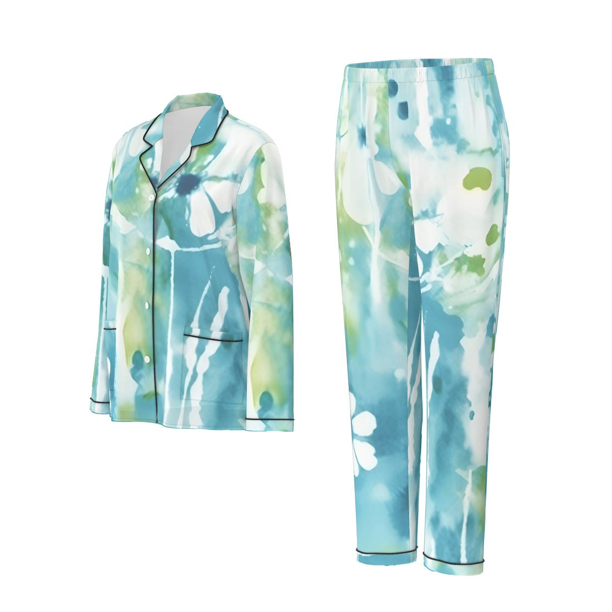 All-Over Print Women's Long Sleeve Pajama Set With Black Contrast Piping