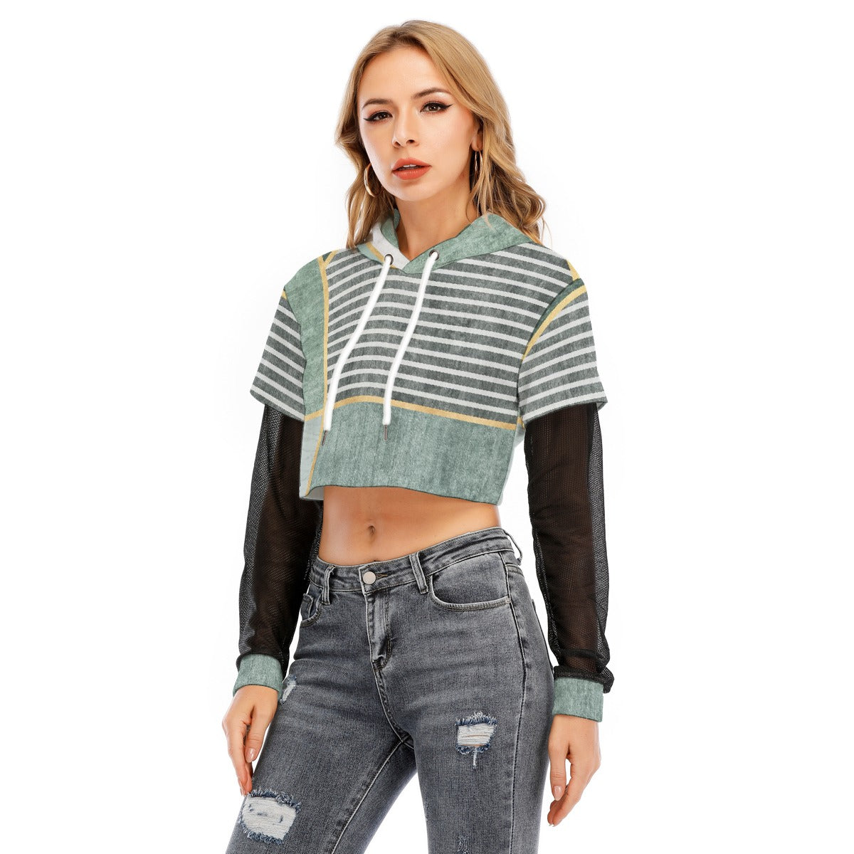 All-Over Print Women's Fake Two-piece Mesh Sleeve Cropped Hoodie